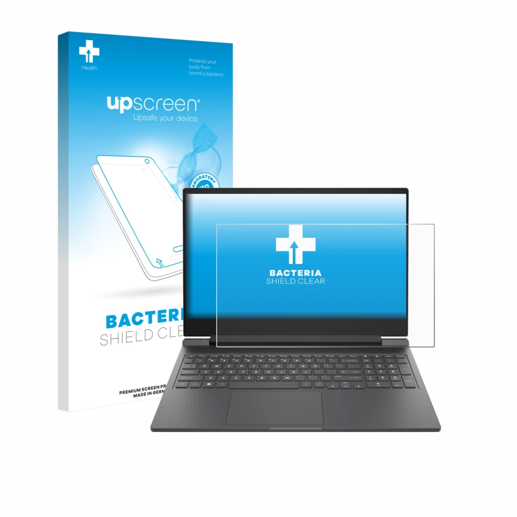 Face avant d’un emballage produit avec le logo de la marque upscreen. À côté, l’appareil HP Victus 16-r0024nf est représenté a