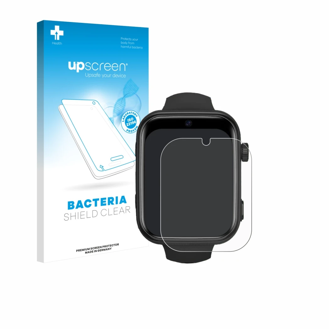 Face avant d’un emballage produit avec le logo de la marque upscreen. À côté, l’appareil Aimiuvei Kids Smartwatch est représen