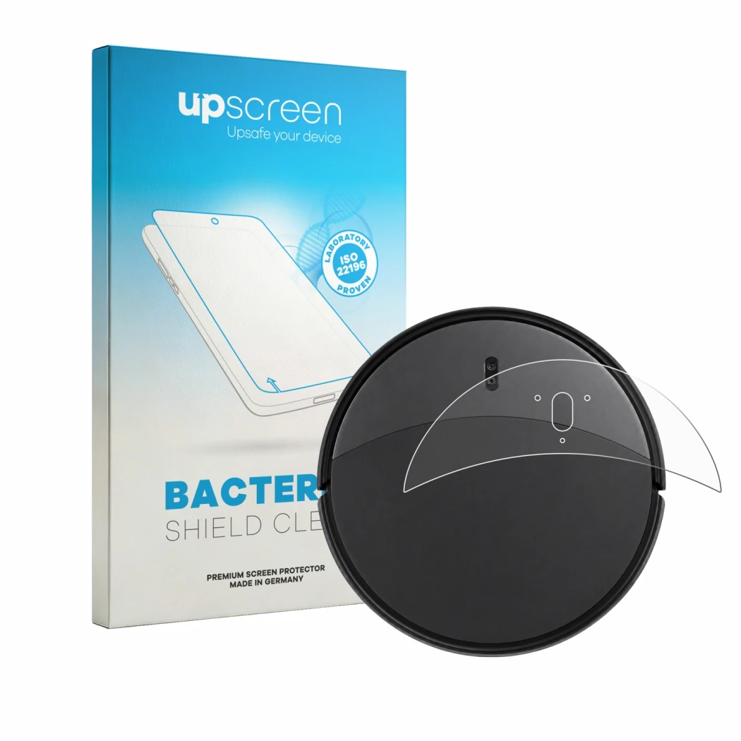 Face avant d’un emballage produit avec le logo de la marque upscreen. À côté, l’appareil Roborock Saros 20 est représenté avec