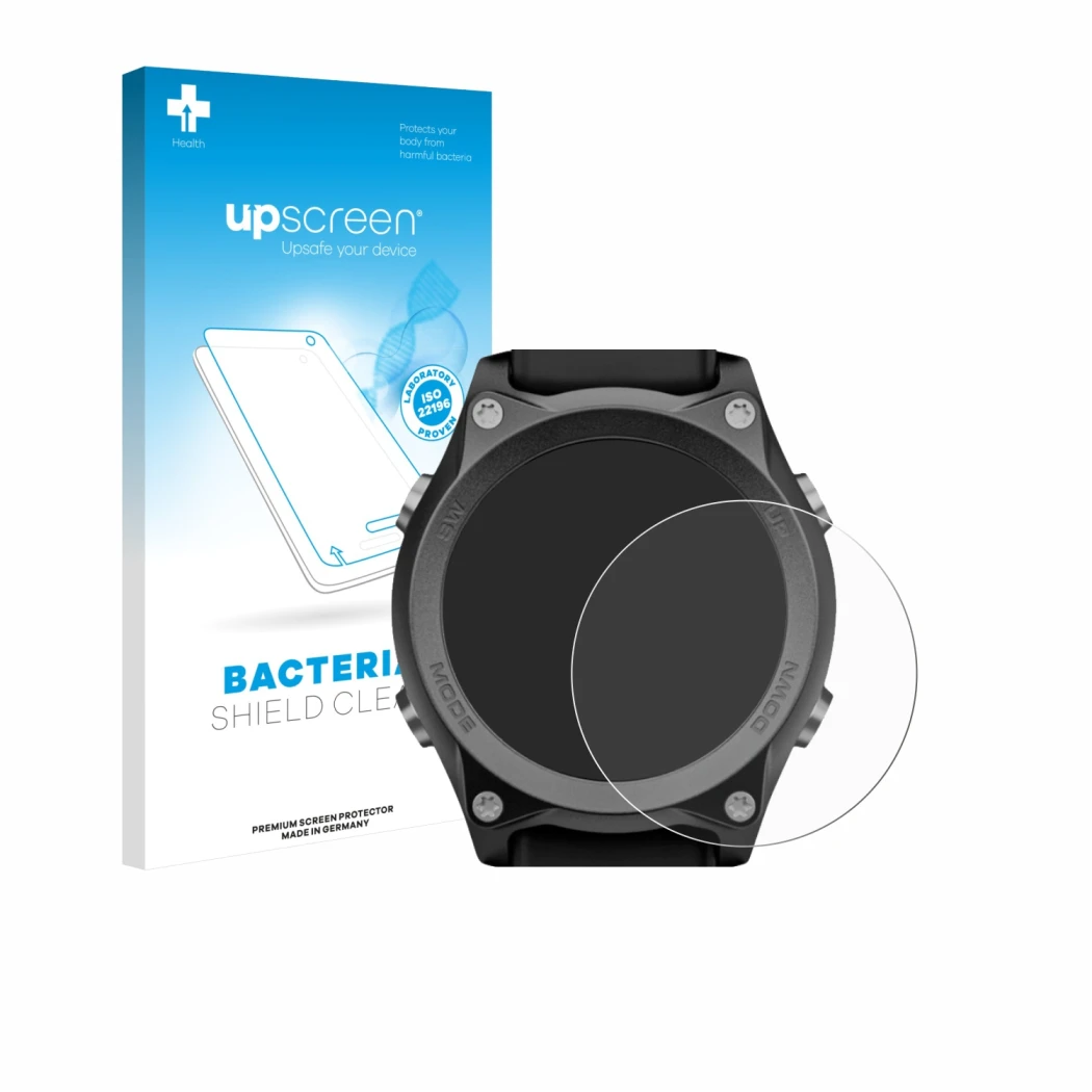 Face avant d’un emballage produit avec le logo de la marque upscreen. À côté, l’appareil Mares Sirius est représenté avec la p