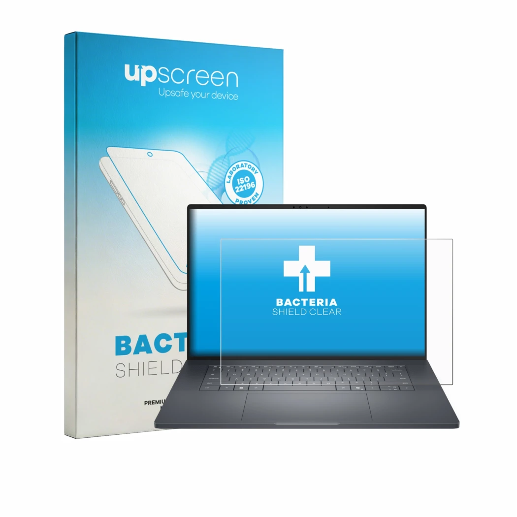 Face avant d’un emballage produit avec le logo de la marque upscreen. À côté, l’appareil Dell Pro Precision 7 Series 16 est re