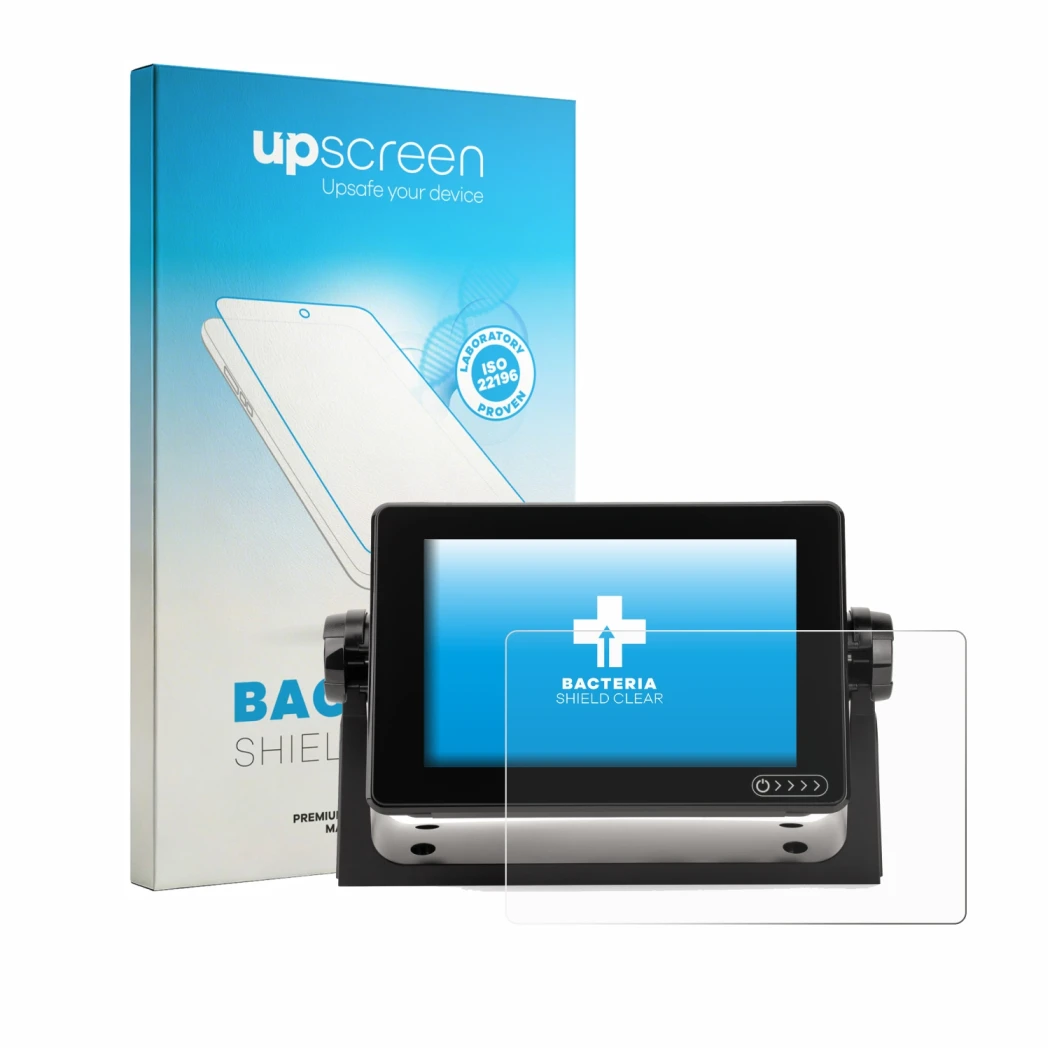 Face avant d’un emballage produit avec le logo de la marque upscreen. À côté, l’appareil Raymarine Axiom+ 7 est représenté ave