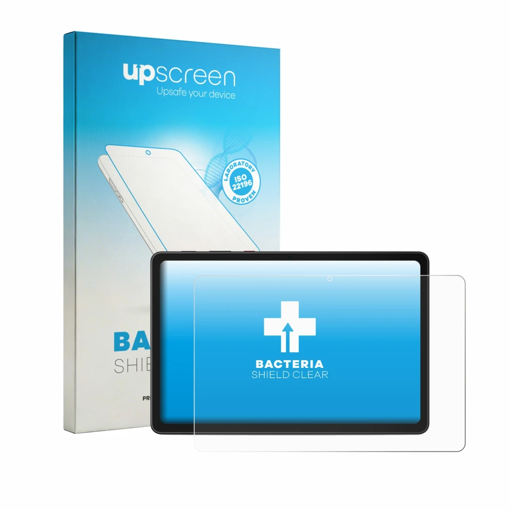 Face avant d’un emballage produit avec le logo de la marque upscreen. À côté, l’appareil Lenovo ThinkTab X11 Gen 1 est représe