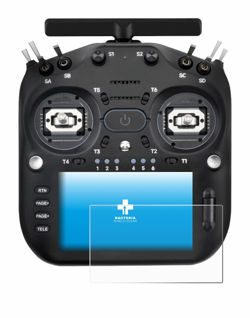 Image de l'appareil Radiomaster TX16S MK3 avec une grande variété de protections d'écran.