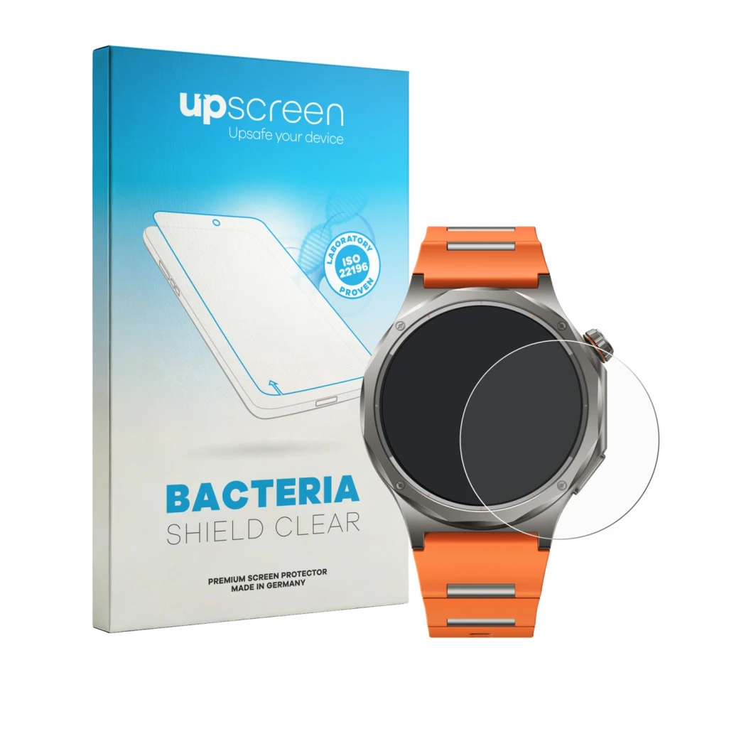 Face avant d’un emballage produit avec le logo de la marque upscreen. À côté, l’appareil Oppo Watch X3 est représenté avec la 