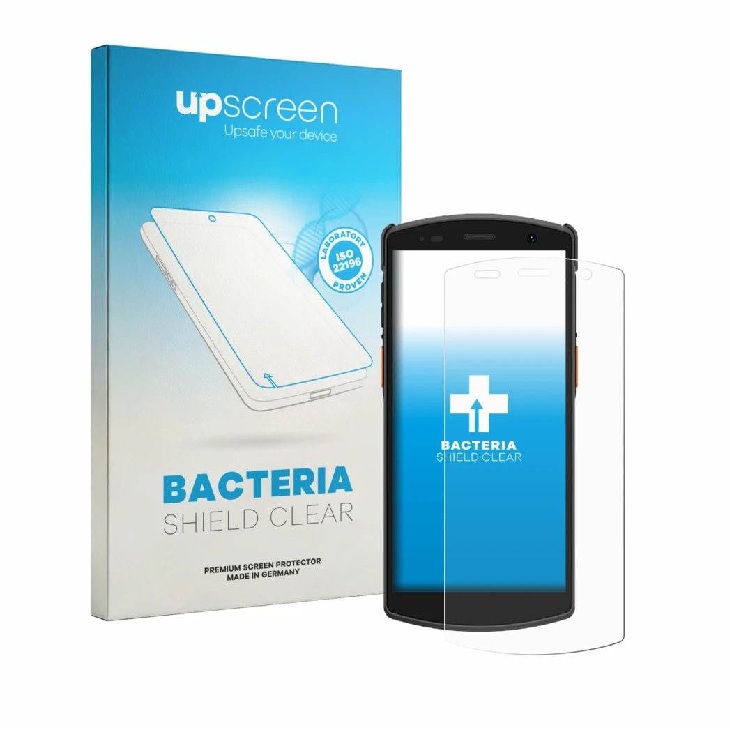 Face avant d’un emballage produit avec le logo de la marque upscreen. À côté, l’appareil Urovo CT58S est représenté avec la pr