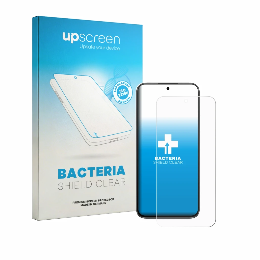 Face avant d’un emballage produit avec le logo de la marque upscreen. À côté, l’appareil Oppo K14 est représenté avec la prote
