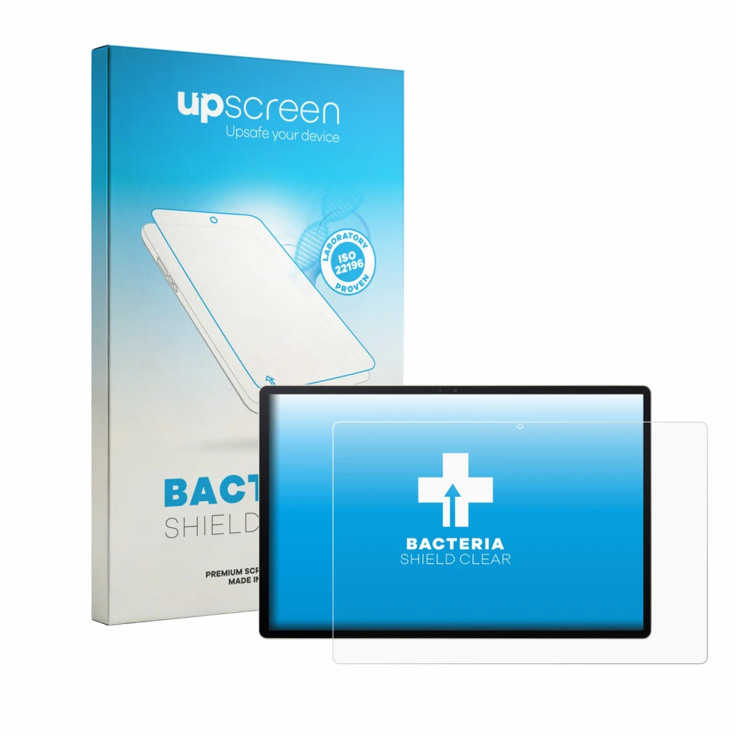 Face avant d’un emballage produit avec le logo de la marque upscreen. À côté, l’appareil Acer Iconia A16 est représenté avec l