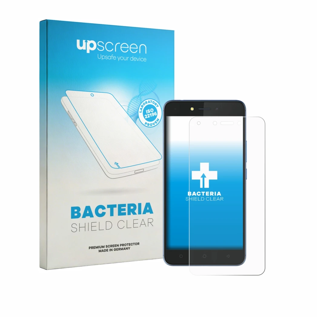 Face avant d’un emballage produit avec le logo de la marque upscreen. À côté, l’appareil Tecno Pouvoir 1 est représenté avec l