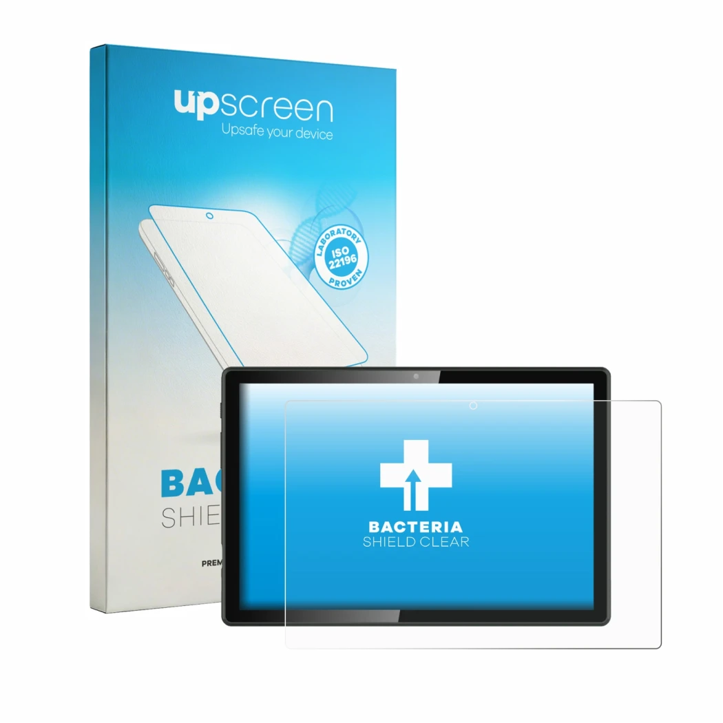 Face avant d’un emballage produit avec le logo de la marque upscreen. À côté, l’appareil Denver TIO-10525 est représenté avec 