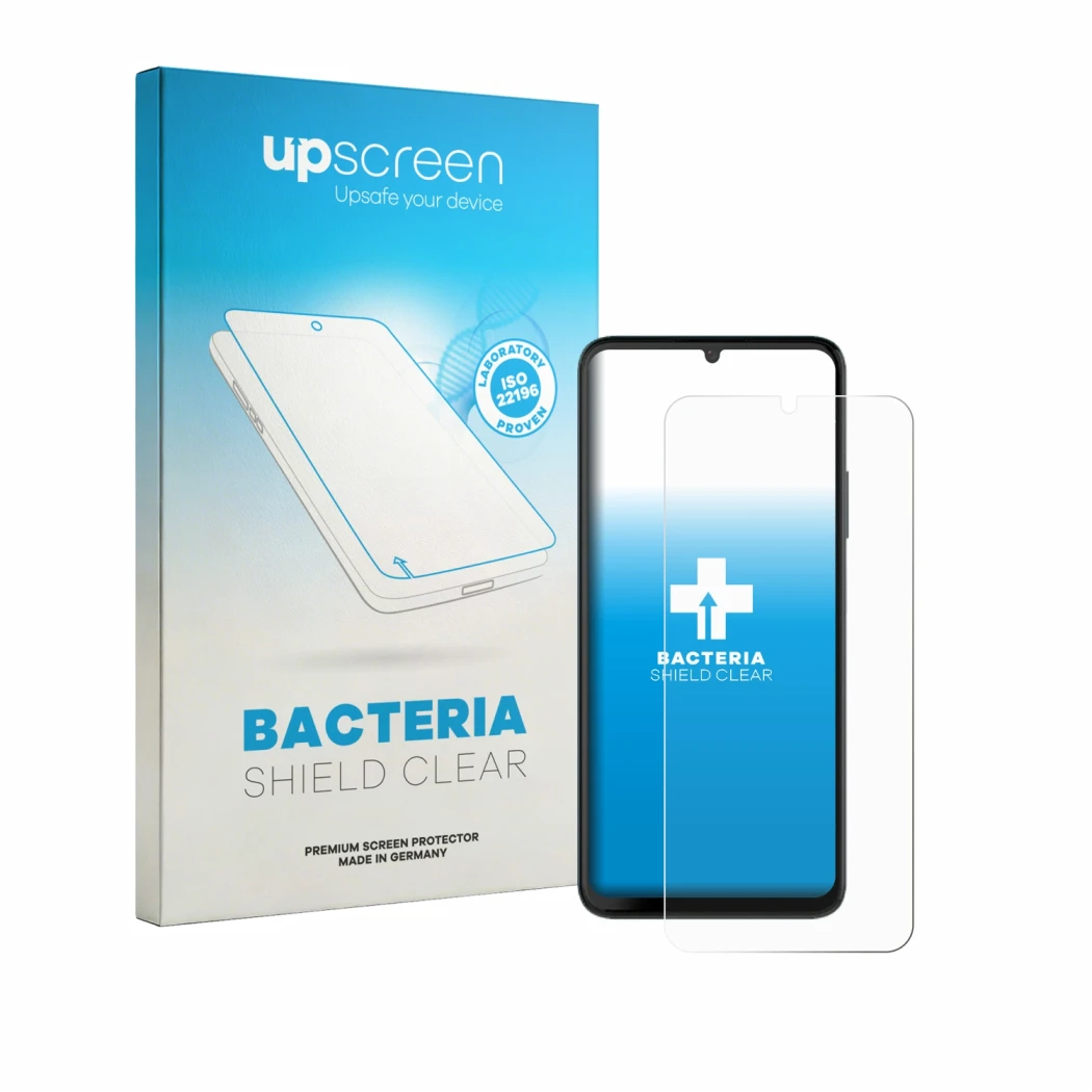 Face avant d’un emballage produit avec le logo de la marque upscreen. À côté, l’appareil NUU Mobile X10 5G est représenté avec