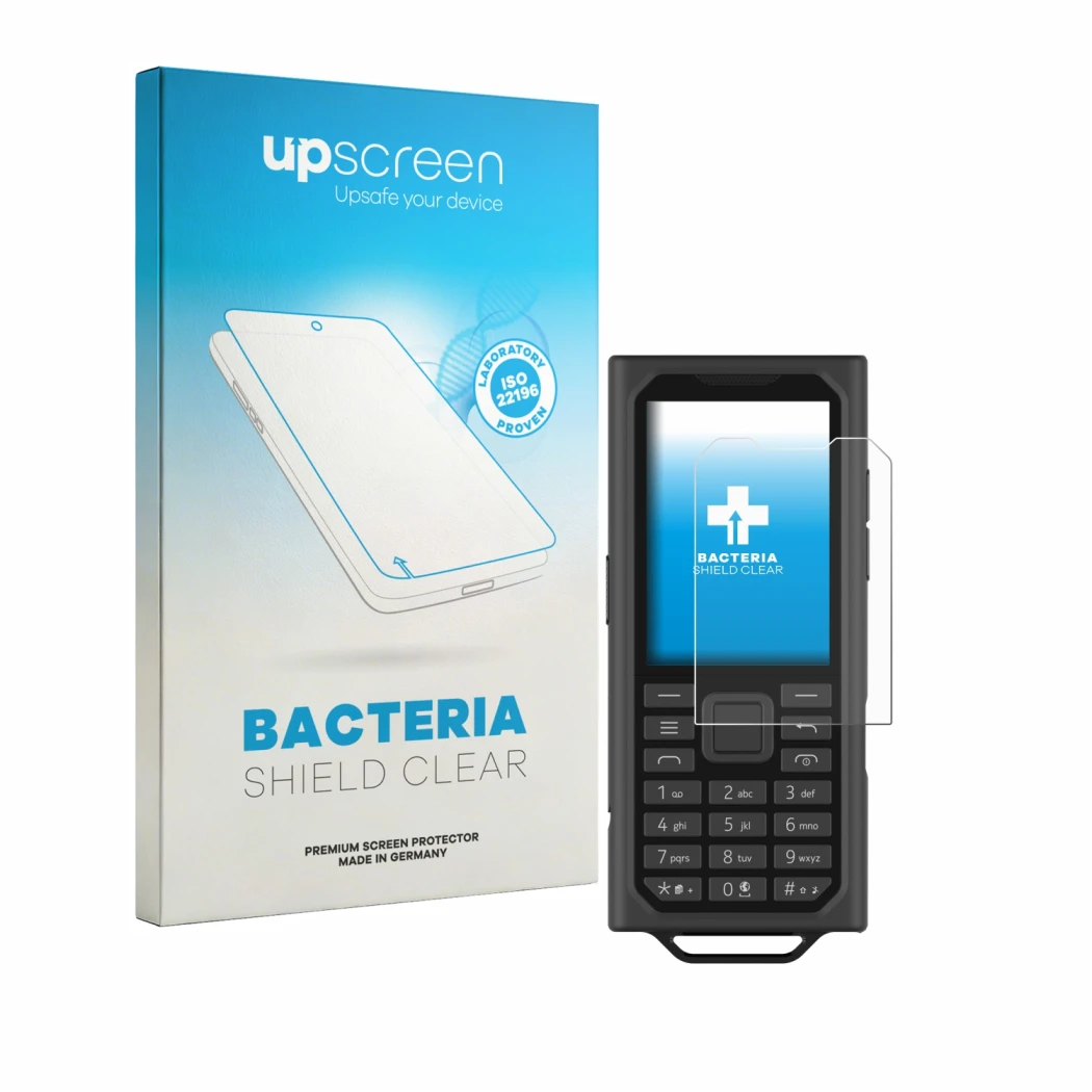 Face avant d’un emballage produit avec le logo de la marque upscreen. À côté, l’appareil HMD Terra M est représenté avec la pr