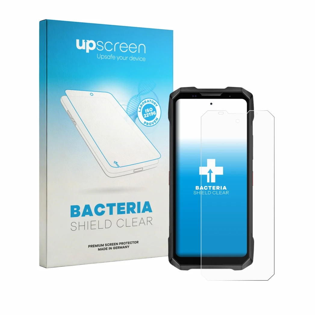 Face avant d’un emballage produit avec le logo de la marque upscreen. À côté, l’appareil Doogee V Max 2 Pro est représenté ave