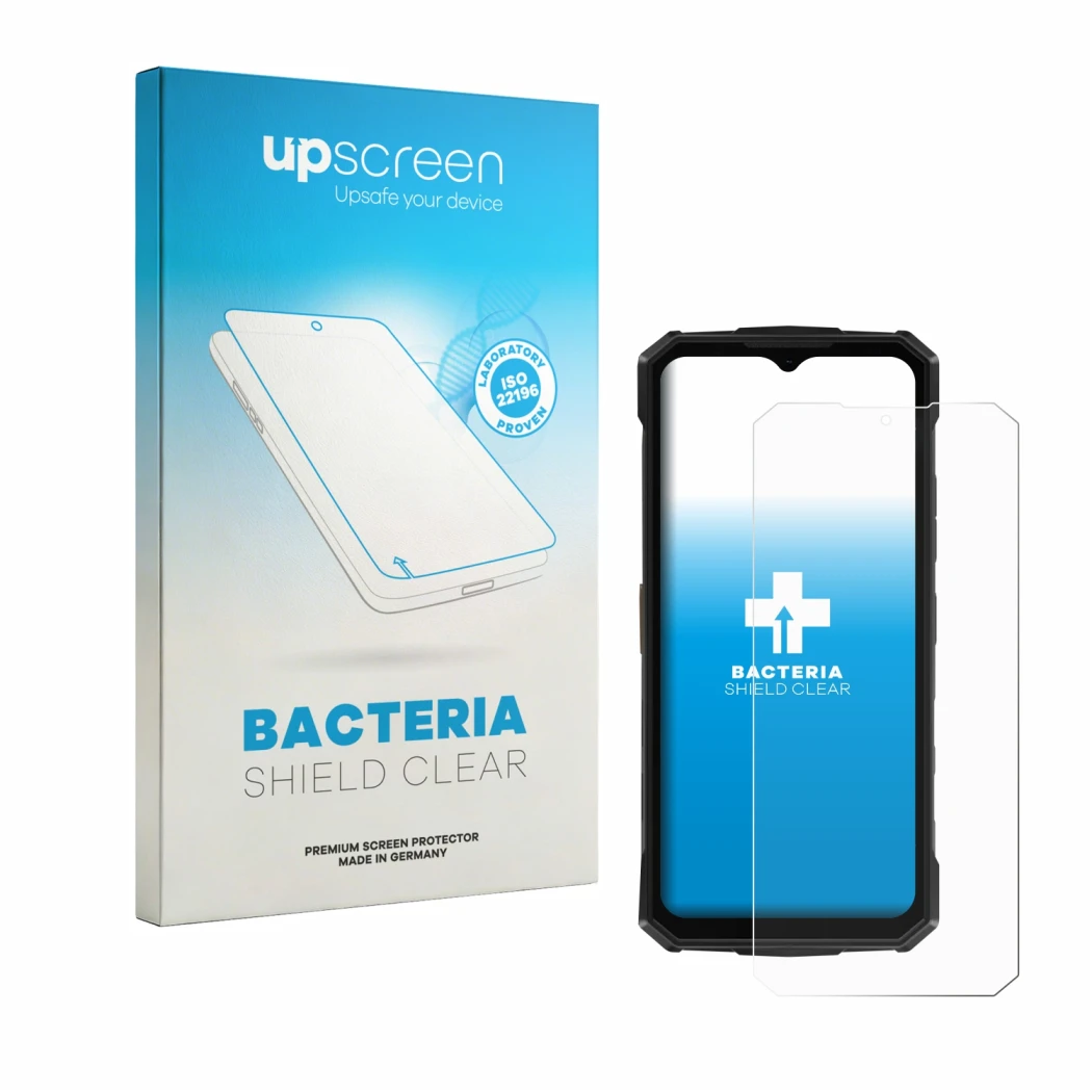 Face avant d’un emballage produit avec le logo de la marque upscreen. À côté, l’appareil Doogee Fire 5 Pro est représenté avec