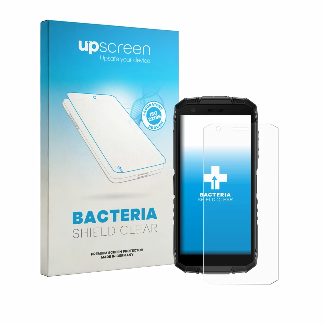Face avant d’un emballage produit avec le logo de la marque upscreen. À côté, l’appareil Doogee Fire 3 est représenté avec la 