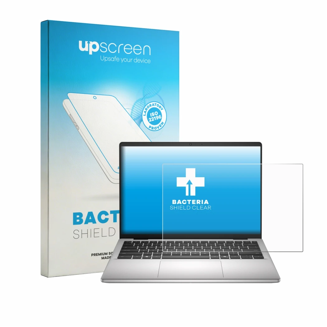 Face avant d’un emballage produit avec le logo de la marque upscreen. À côté, l’appareil Dell Dell Pro 14 Essential est représ