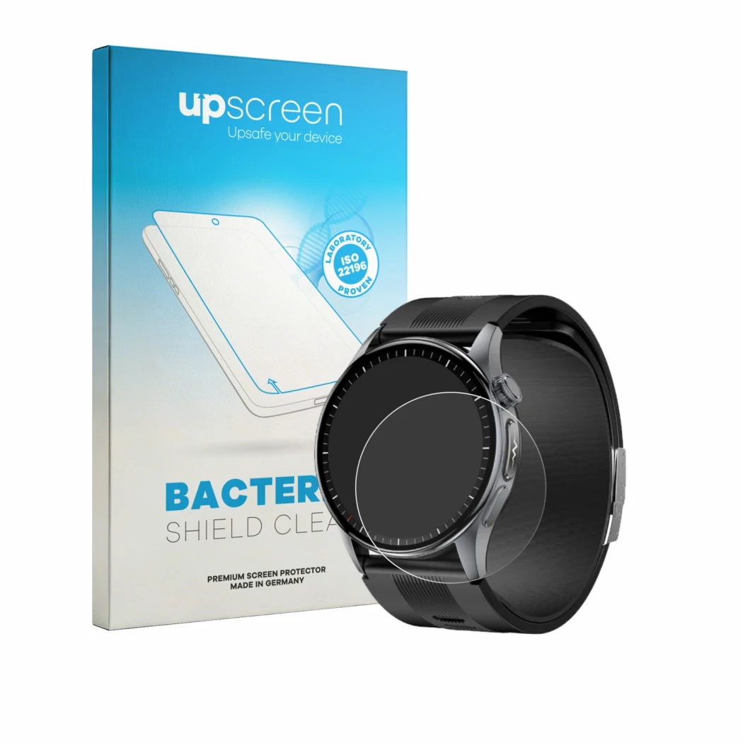 Face avant d’un emballage produit avec le logo de la marque upscreen. À côté, l’appareil Knauermann Pro 4 AIR (rond) est repré