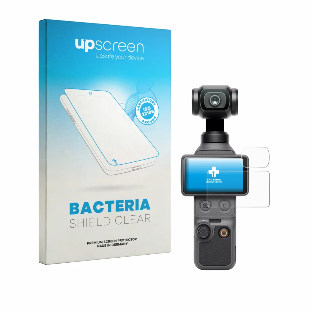 Face avant d’un emballage produit avec le logo de la marque upscreen. À côté, l’appareil DJI Osmo Pocket 4 (Affichage + Lentil