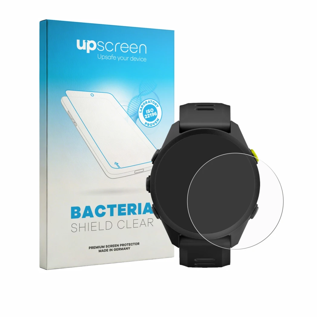 Face avant d’un emballage produit avec le logo de la marque upscreen. À côté, l’appareil Garmin Forerunner 70 est représenté a