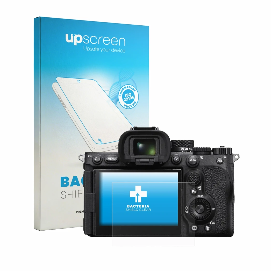 Face avant d’un emballage produit avec le logo de la marque upscreen. À côté, l’appareil Sony Alpha 7R VI est représenté avec 