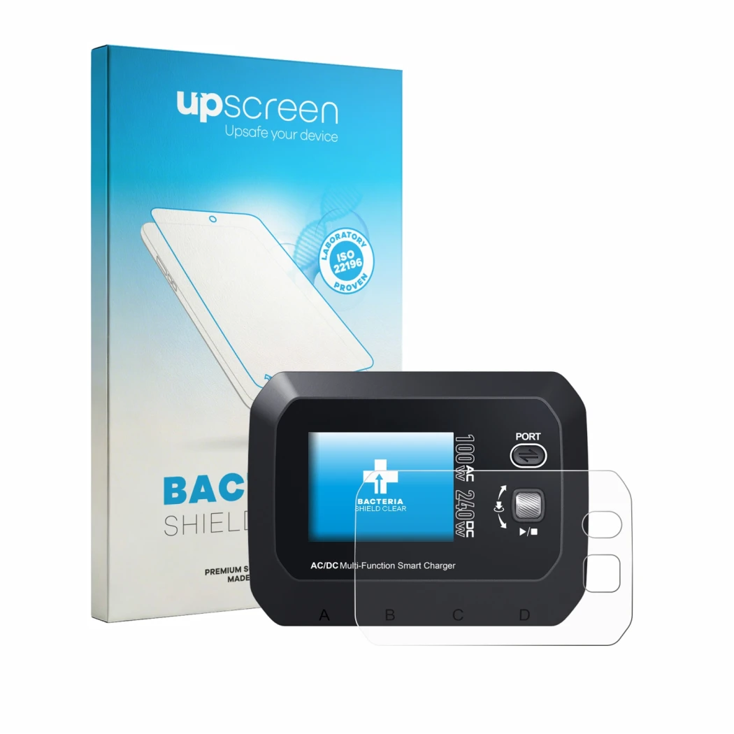 Face avant d’un emballage produit avec le logo de la marque upscreen. À côté, l’appareil SkyRc Q100 Neo est représenté avec la