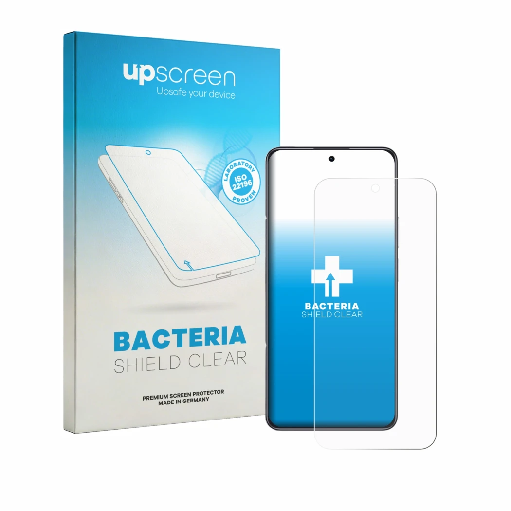 Face avant d’un emballage produit avec le logo de la marque upscreen. À côté, l’appareil Honor X7e est représenté avec la prot