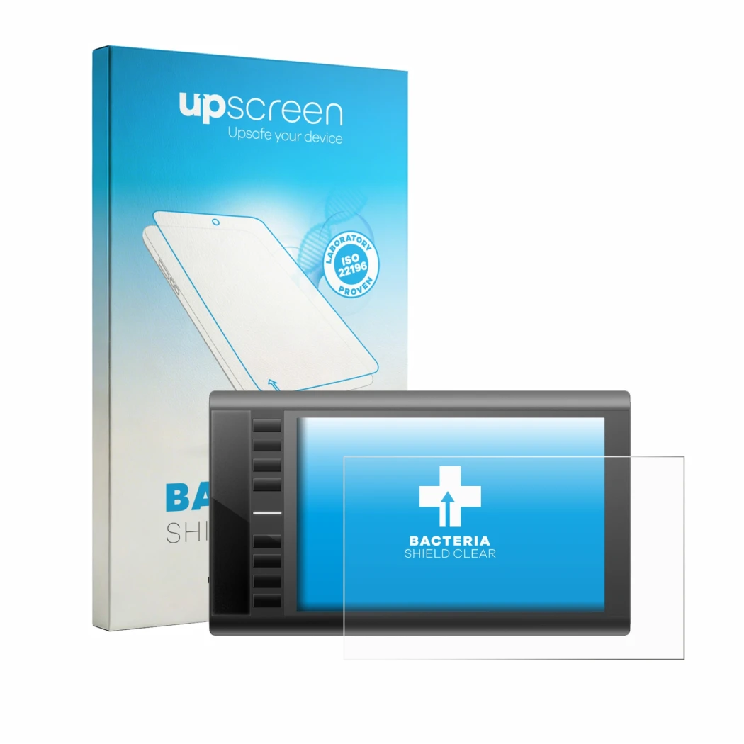 Face avant d’un emballage produit avec le logo de la marque upscreen. À côté, l’appareil Ugee M708 est représenté avec la prot