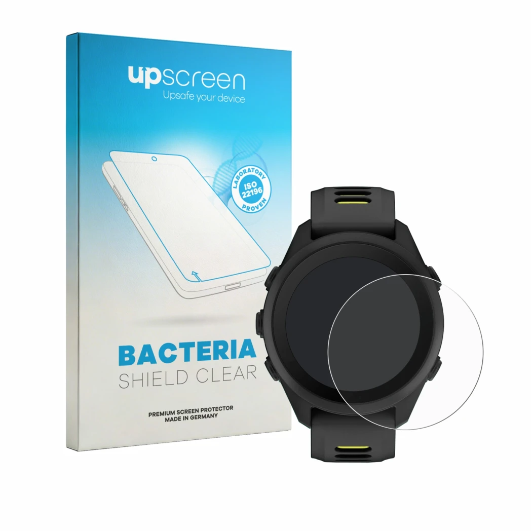 Face avant d’un emballage produit avec le logo de la marque upscreen. À côté, l’appareil Garmin Forerunner 170 est représenté