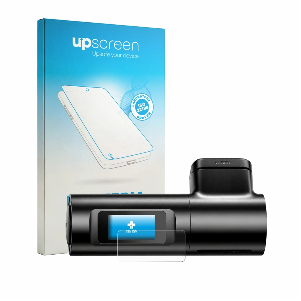 Face avant d’un emballage produit avec le logo de la marque upscreen. À côté, l’appareil Azdome M330 est représenté avec la pr