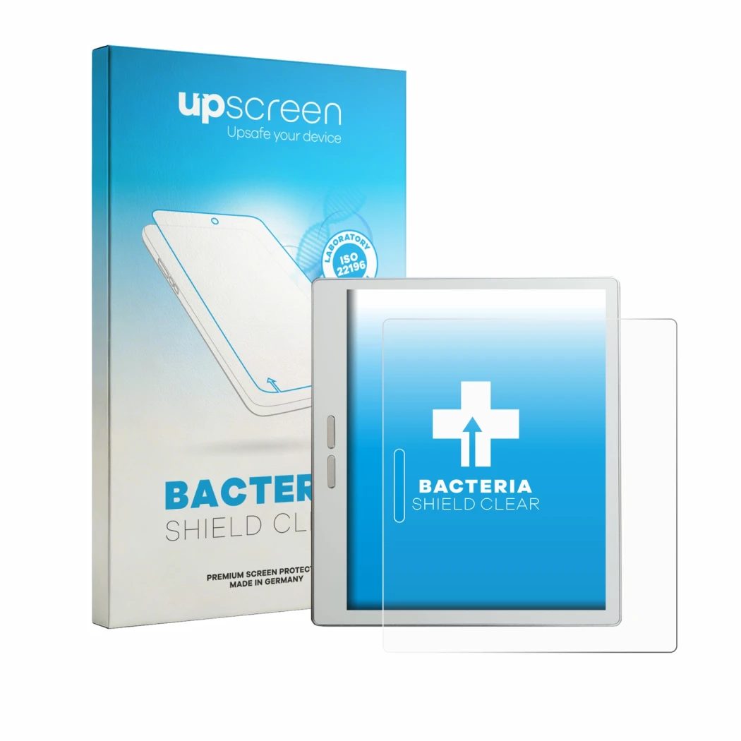 Face avant d’un emballage produit avec le logo de la marque upscreen. À côté, l’appareil Bigme B7 Pro est représenté avec la p