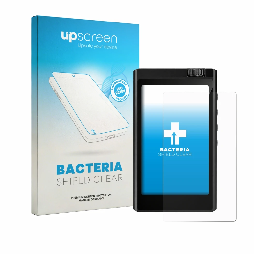 Face avant d’un emballage produit avec le logo de la marque upscreen. À côté, l’appareil Surfans F35 est représenté avec la pr
