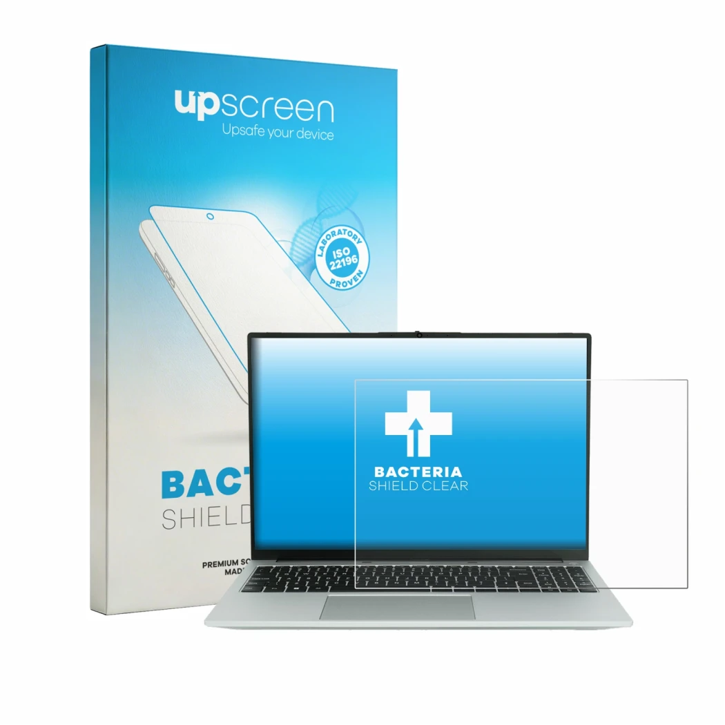Face avant d’un emballage produit avec le logo de la marque upscreen. À côté, l’appareil Wortmann Terra Mobile 1610 est représ