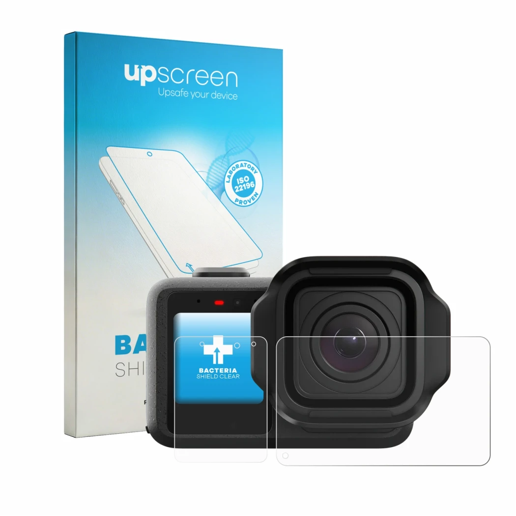 Face avant d’un emballage produit avec le logo de la marque upscreen. À côté, l’appareil GoPro Mission 1 est représenté avec l