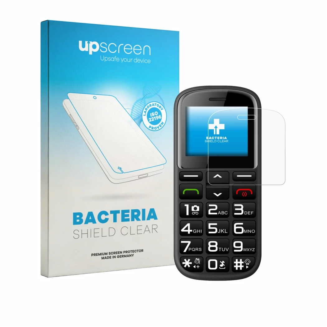 Face avant d’un emballage produit avec le logo de la marque upscreen. À côté, l’appareil artfone CS182 est représenté avec la