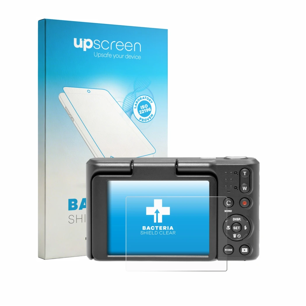 Face avant d’un emballage produit avec le logo de la marque upscreen. À côté, l’appareil Kodak Pixpro C1 est représenté avec l