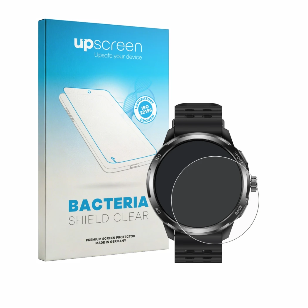 Face avant d’un emballage produit avec le logo de la marque upscreen. À côté, l’appareil Ulefone Armor Watch Pro est représent