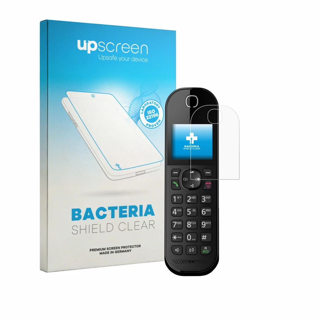Face avant d’un emballage produit avec le logo de la marque upscreen. À côté, l’appareil Panasonic KX-TGC420 est représenté av