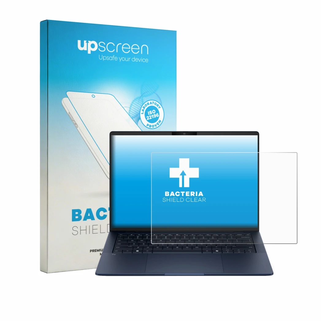Face avant d’un emballage produit avec le logo de la marque upscreen. À côté, l’appareil HP EliteBook X G2q 14 est représenté