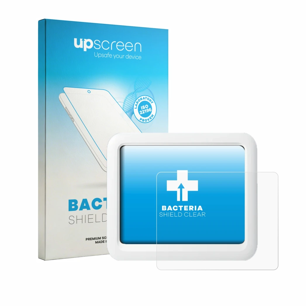 Face avant d’un emballage produit avec le logo de la marque upscreen. À côté, l’appareil SwitchBot Meter Pro est représenté av