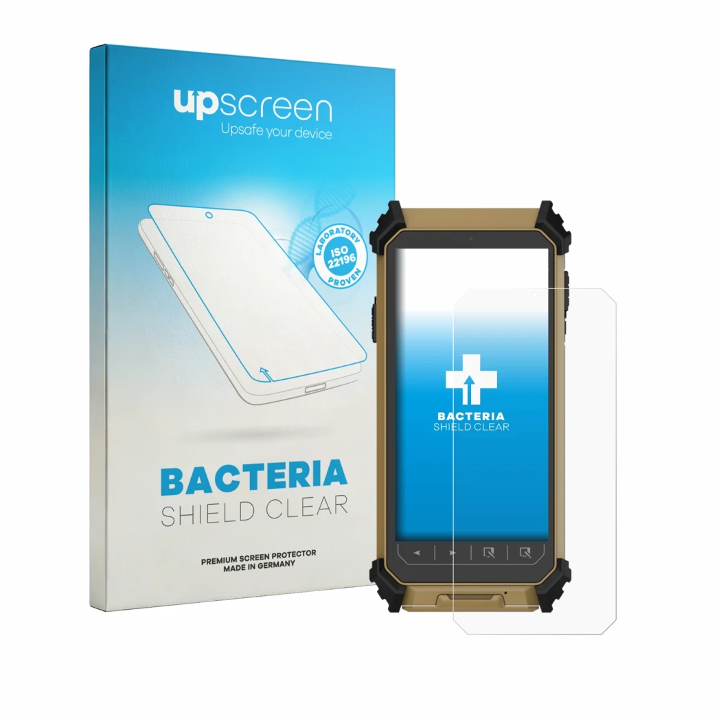 Face avant d’un emballage produit avec le logo de la marque upscreen. À côté, l’appareil DT Research DT361DM (portrait) est re