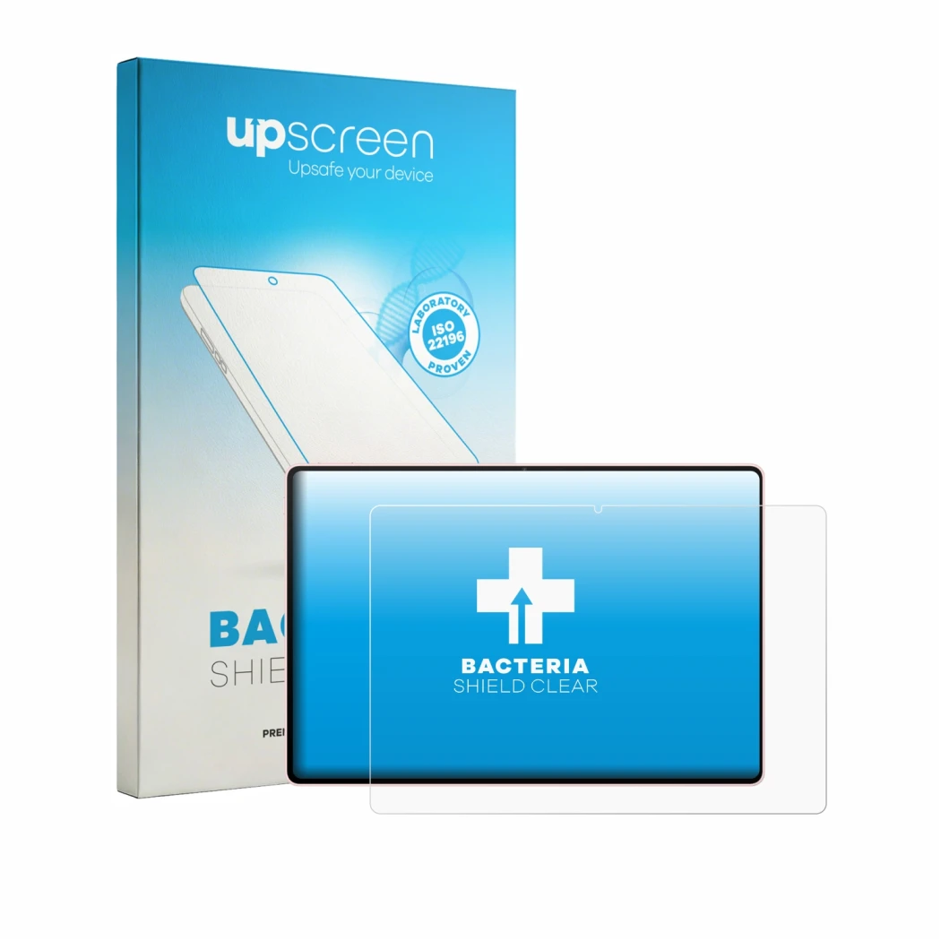Face avant d’un emballage produit avec le logo de la marque upscreen. À côté, l’appareil Huawei MatePad Air 2026 est représent