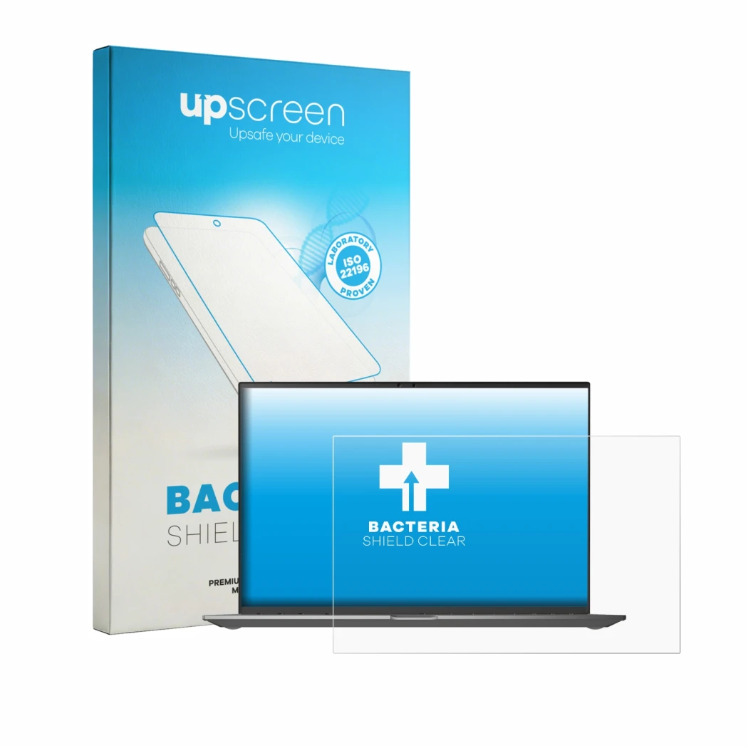 Face avant d’un emballage produit avec le logo de la marque upscreen. À côté, l’appareil LG gram 16Z90TL-G est représenté avec