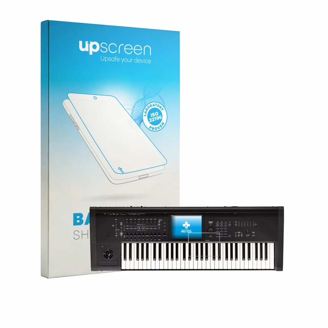 Face avant d’un emballage produit avec le logo de la marque upscreen. À côté, l’appareil KORG Kronos 3 (2025) 61 est représent