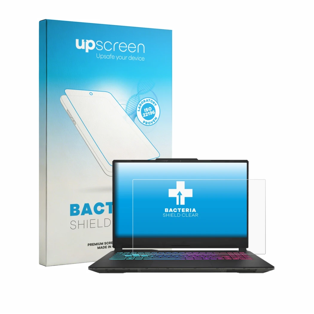 Face avant d’un emballage produit avec le logo de la marque upscreen. À côté, l’appareil MSI Cyborg 15 A13V est représenté ave
