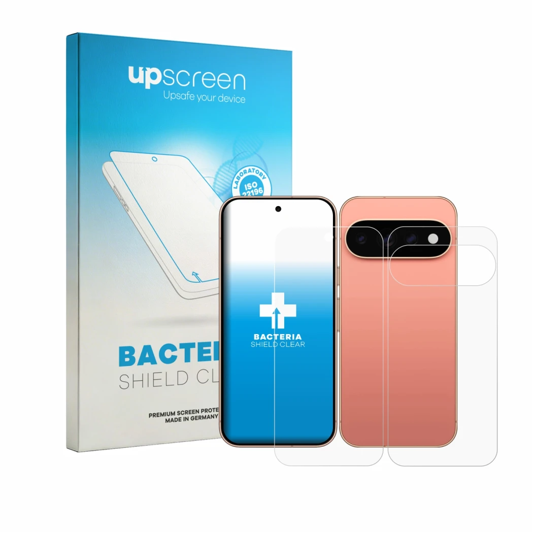 Face avant d’un emballage produit avec le logo de la marque upscreen. À côté, l’appareil Google Pixel 11 Pro (Avant+Arrière) e