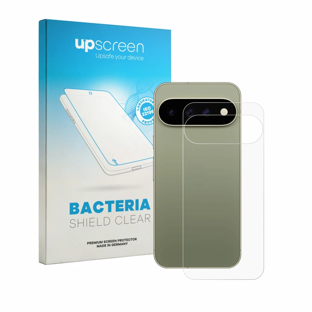 Face avant d’un emballage produit avec le logo de la marque upscreen. À côté, l’appareil Google Pixel 11 Pro XL (Arrière) est