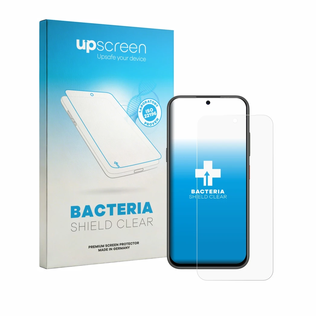 Face avant d’un emballage produit avec le logo de la marque upscreen. À côté, l’appareil ZTE Blade V80 Vita est représenté ave