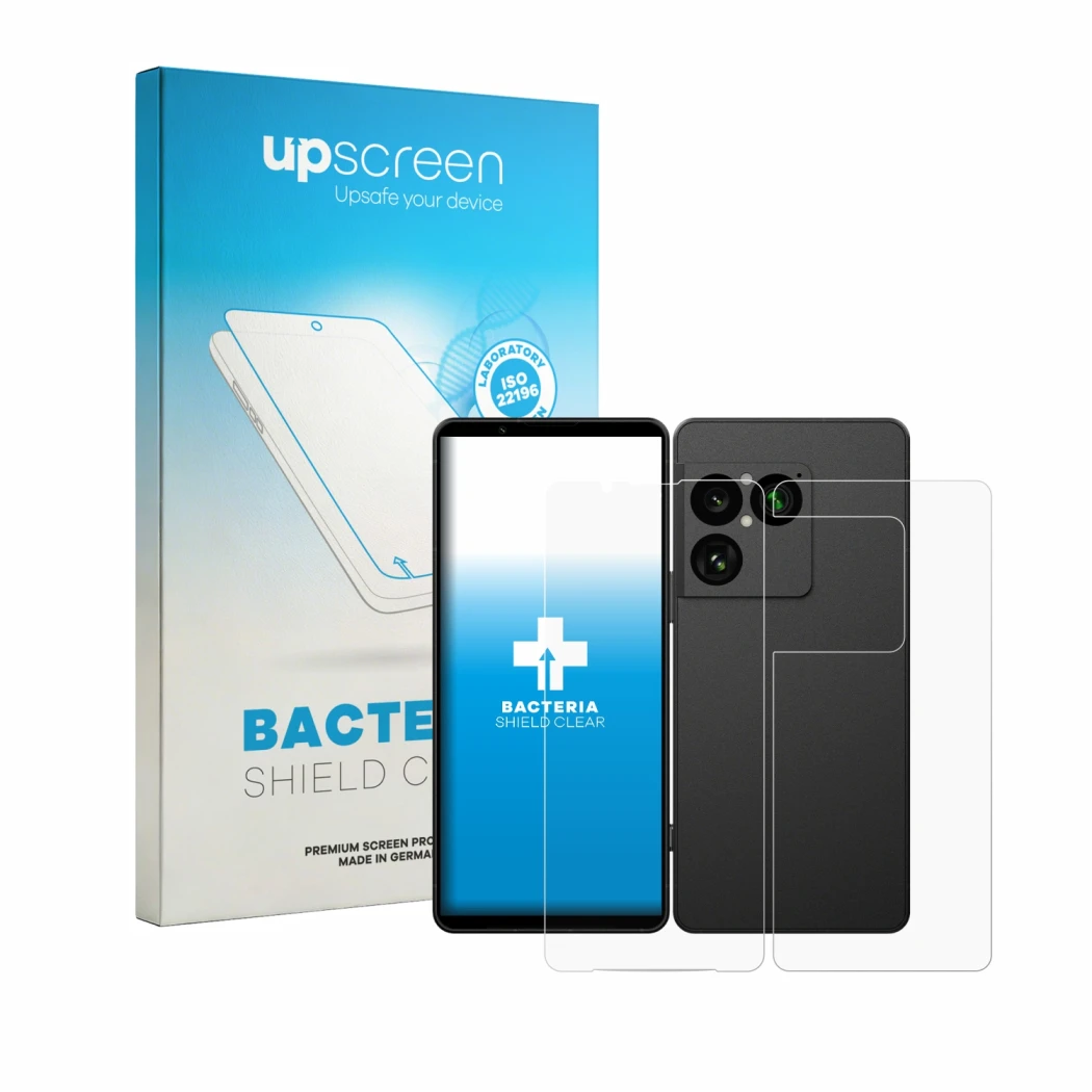Face avant d’un emballage produit avec le logo de la marque upscreen. À côté, l’appareil Sony Xperia 1 VIII (Avant+Arrière) es