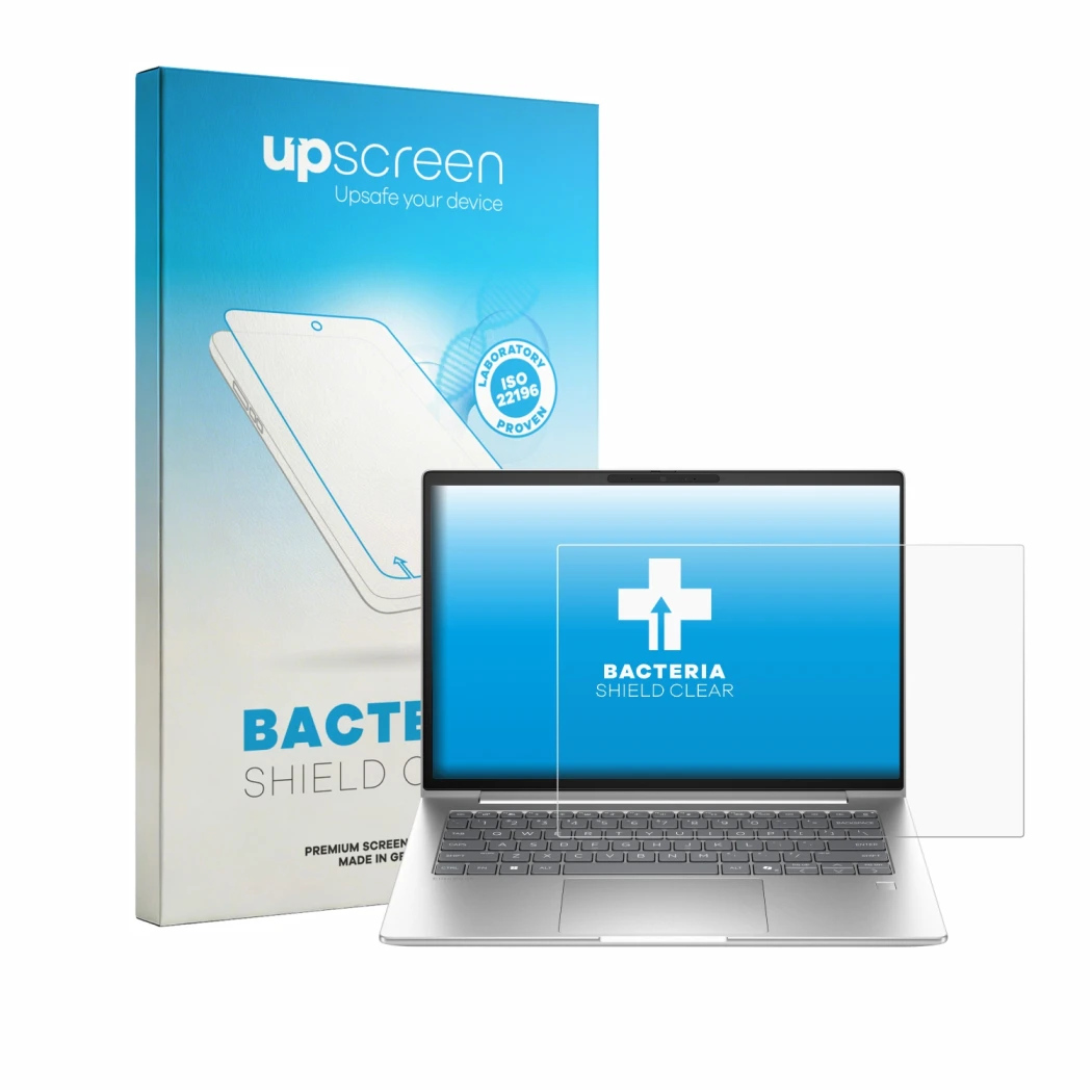 Face avant d’un emballage produit avec le logo de la marque upscreen. À côté, l’appareil HP EliteBook 6 G2i 14