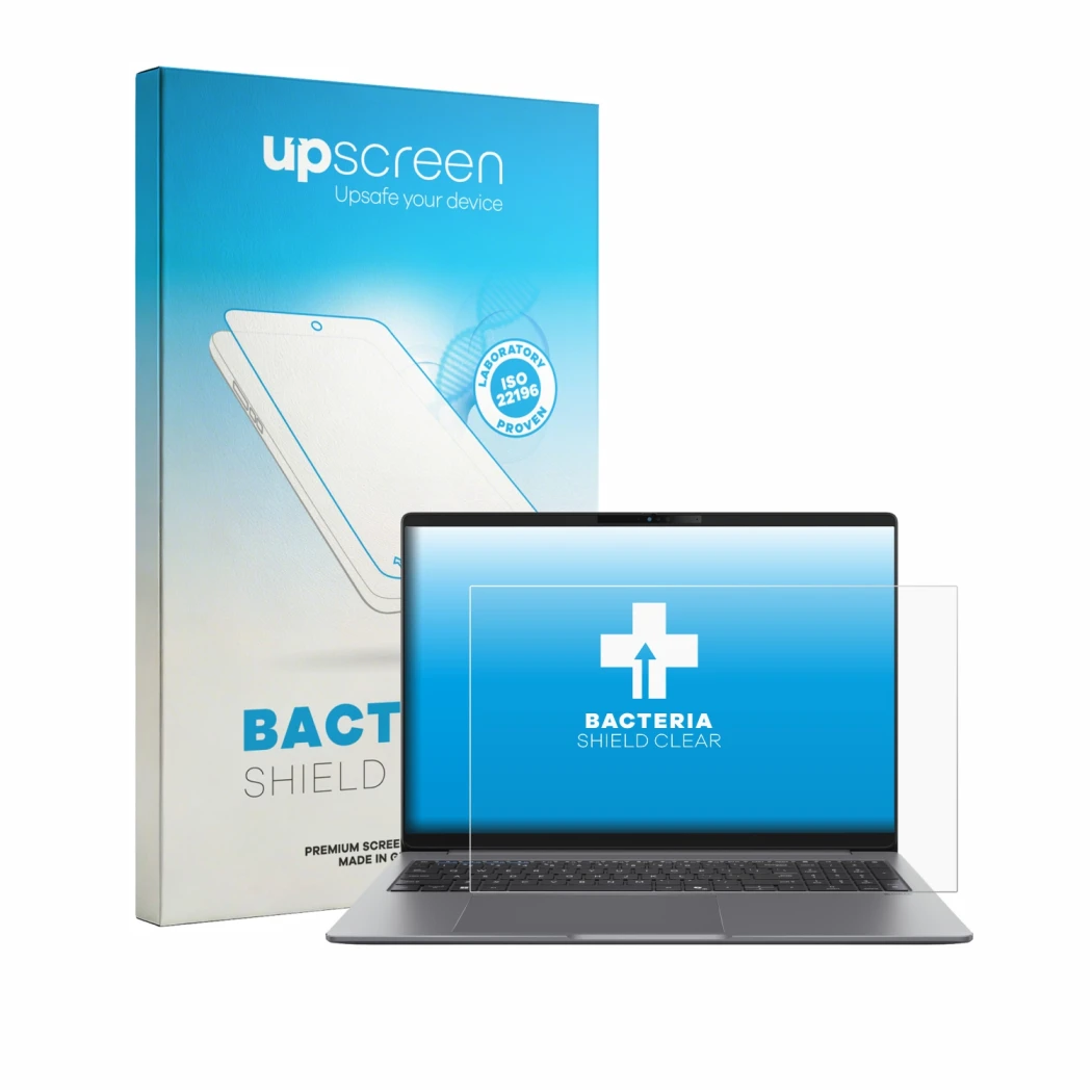 Face avant d’un emballage produit avec le logo de la marque upscreen. À côté, l’appareil ASUS ExpertBook P5 G2 P5605 est repré
